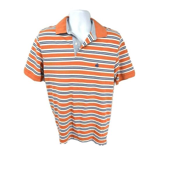 Brooks Brothers Mens Polo Shirt Short Sleeve Peach Blue Stripe - Picture 1 of 12